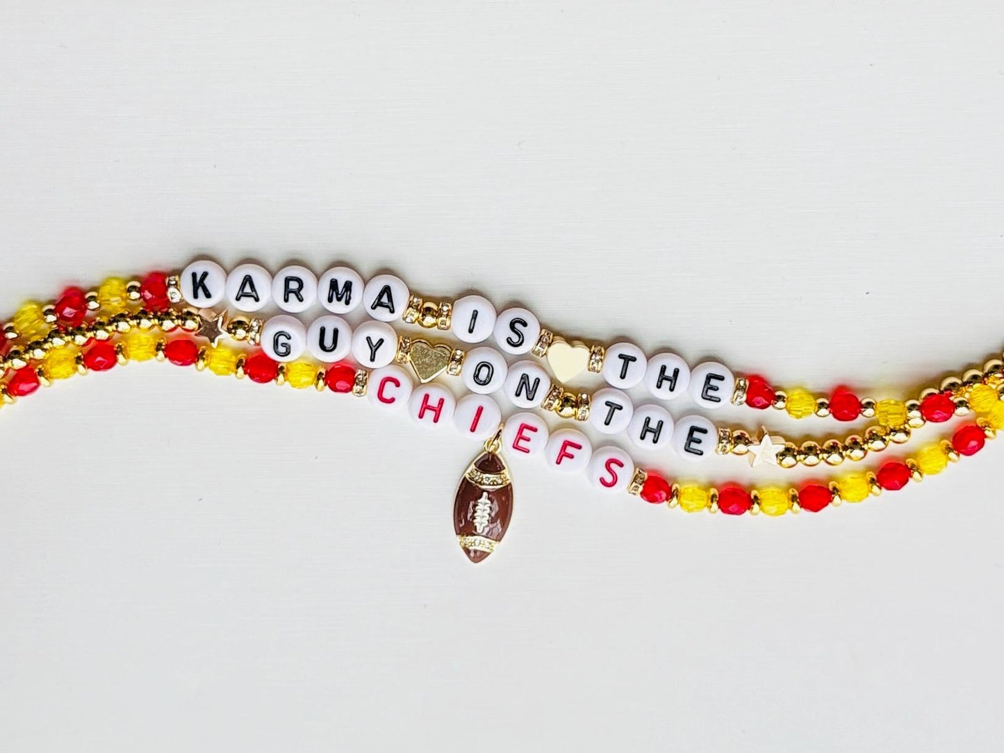 Karma is the Guy on the Chiefs Bracelet Stack – Triple Beaded Bracelet Set, KC Football Fan Gift, Handmade Jewelry