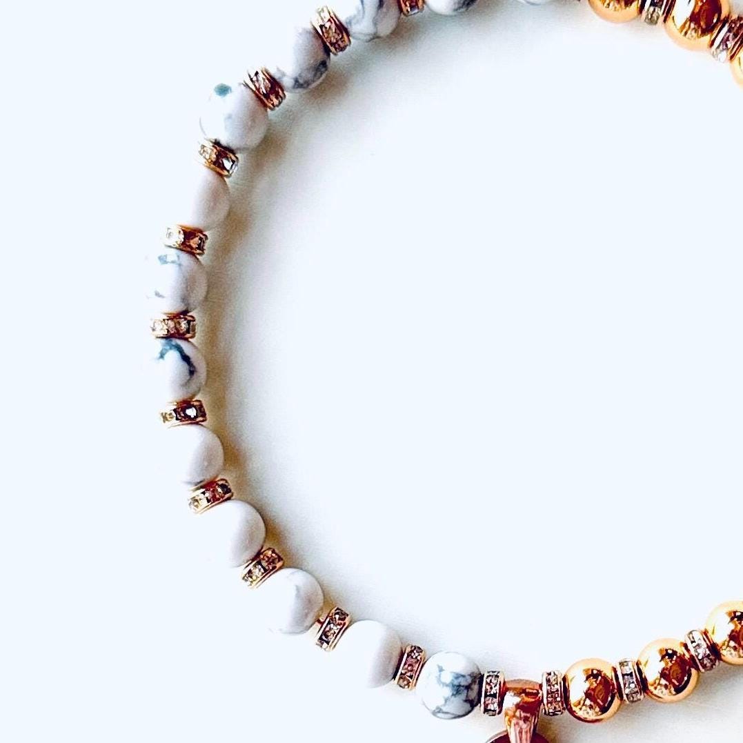 White Howlite Charm Bracelet – Rose Gold Heart Charm, Handmade Inspirational Bracelet, Calming Natural Gemstone Jewelry