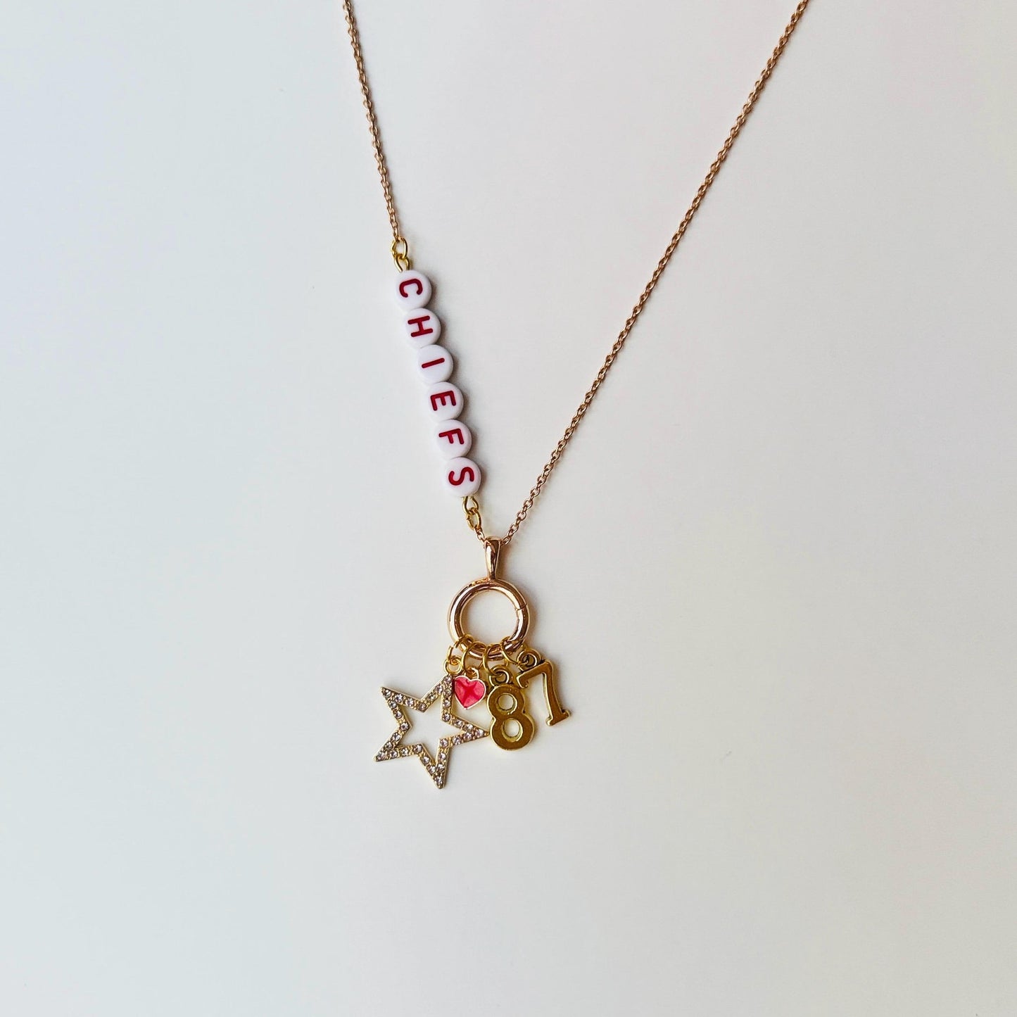 Kansas City Football Charm Necklace – Red and Gold Beaded Necklace, Super Bowl Champs Jewelry, Game Day Gift for Chiefs Fans