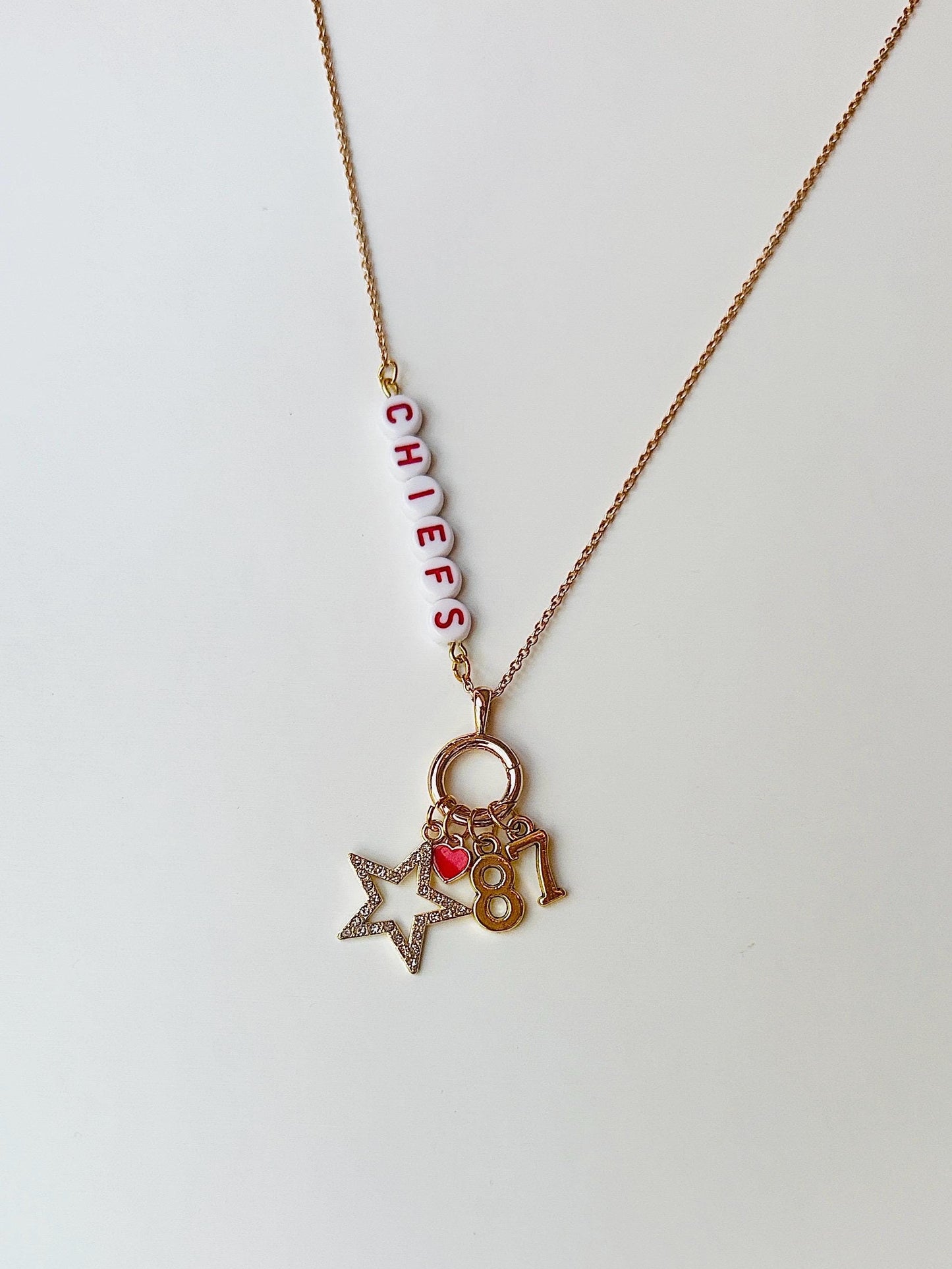 Kansas City Football Charm Necklace – Red and Gold Beaded Necklace, Super Bowl Champs Jewelry, Game Day Gift for Chiefs Fans