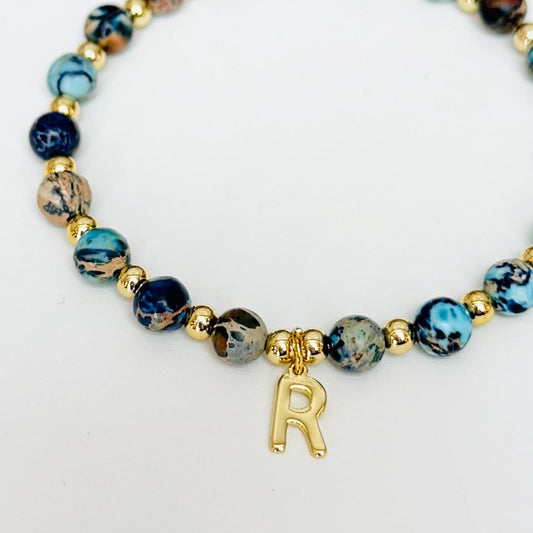 Anti-Stress Stone Bracelet – Natural Gemstone with Personalized Initial Charm, Inspirational Stretch Bracelet Gift