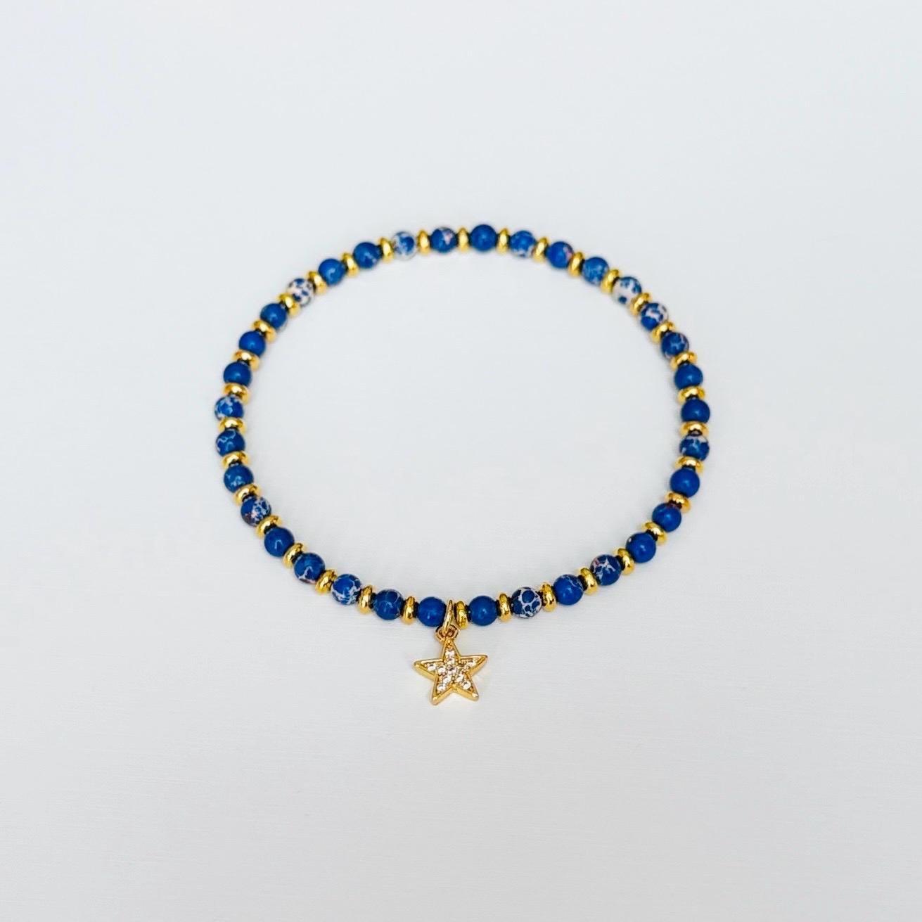 Blue Healing Stone Bracelet – Natural Gemstone Stretch Bracelet with Star Charm, Handmade Inspirational Jewelry