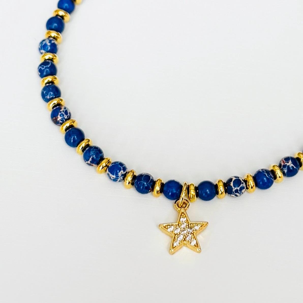 Blue Healing Stone Bracelet – Natural Gemstone Stretch Bracelet with Star Charm, Handmade Inspirational Jewelry