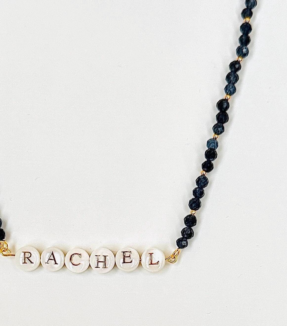 Personalized Sapphire Name Necklace – 14K Gold Necklace with Faceted Blue Beads, Gold Inlay Shell Letter Beads, Custom Gift