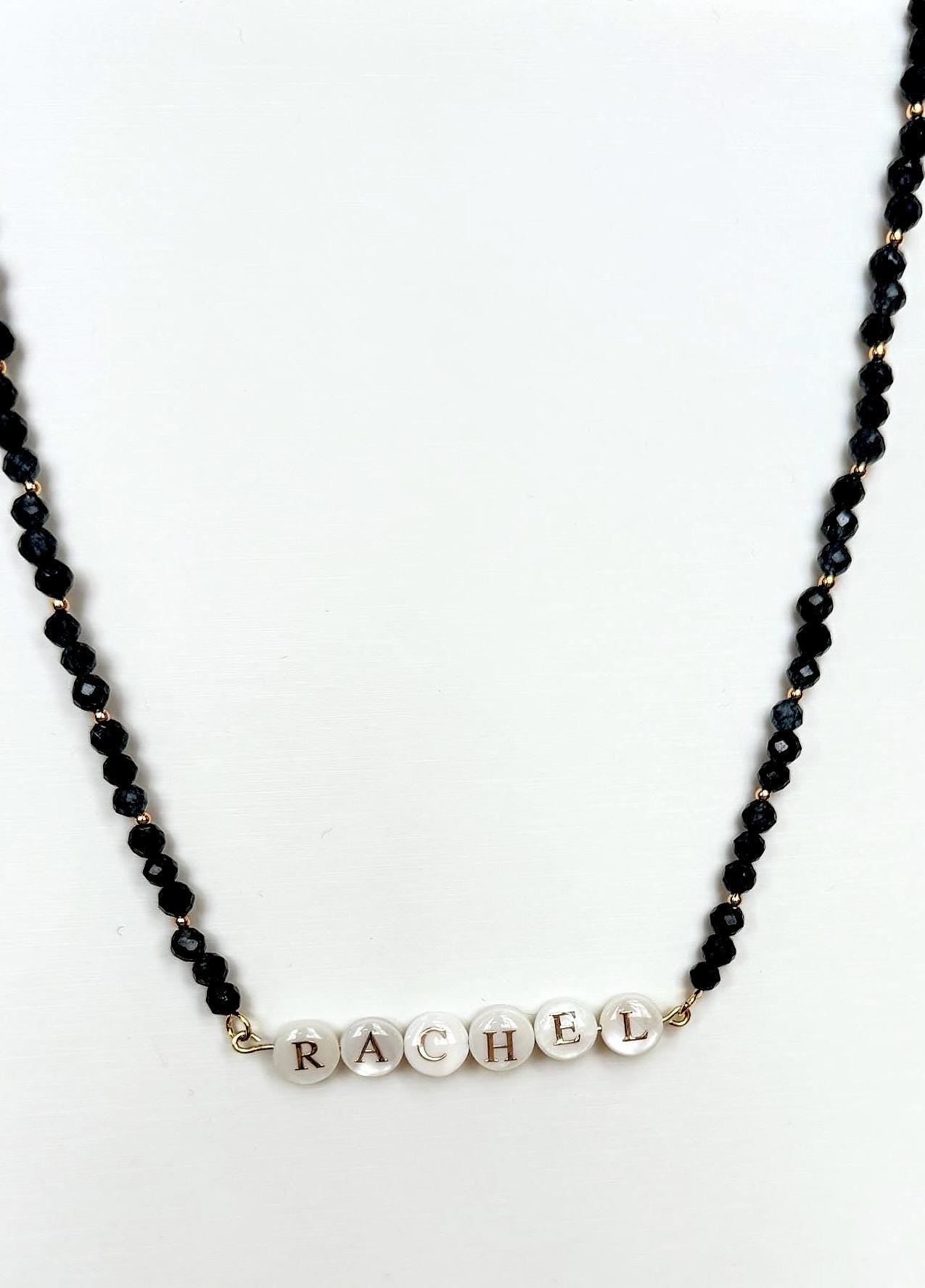 Personalized Sapphire Name Necklace – 14K Gold Necklace with Faceted Blue Beads, Gold Inlay Shell Letter Beads, Custom Gift