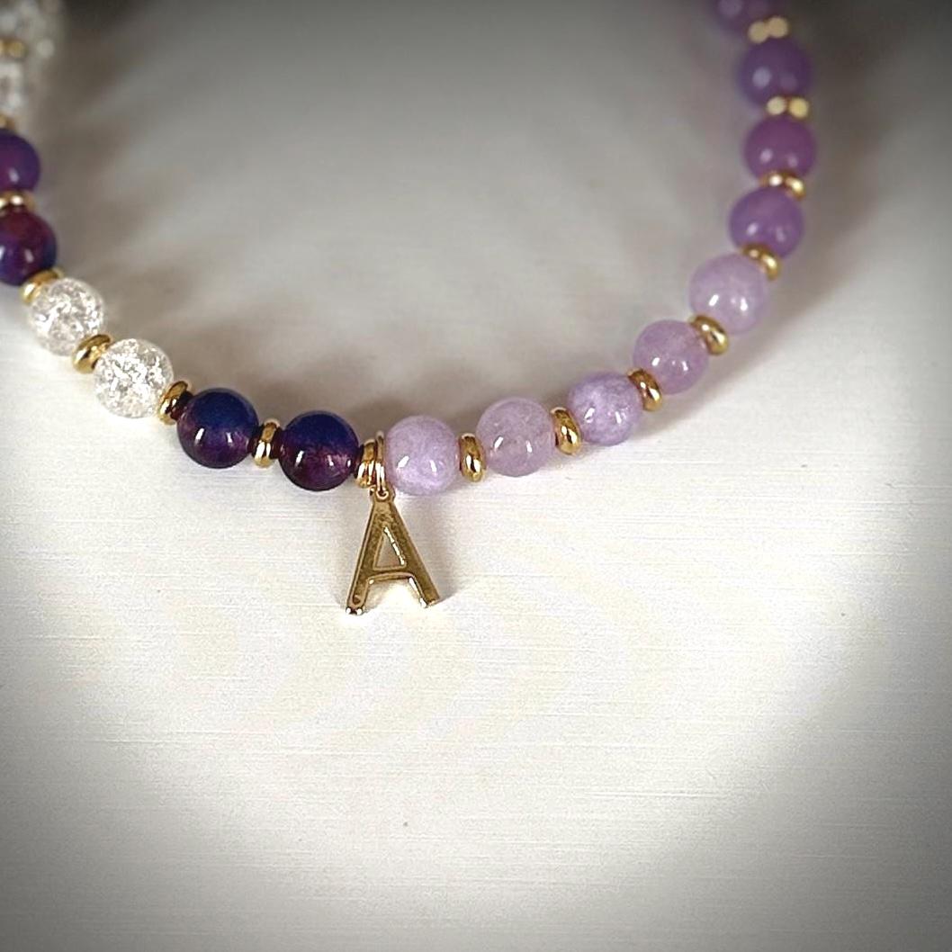 Amethyst and Quartz Bracelet with Letter Charm – Made-to-Order Personalized Crystal Bracelet, Handmade Gift for Her
