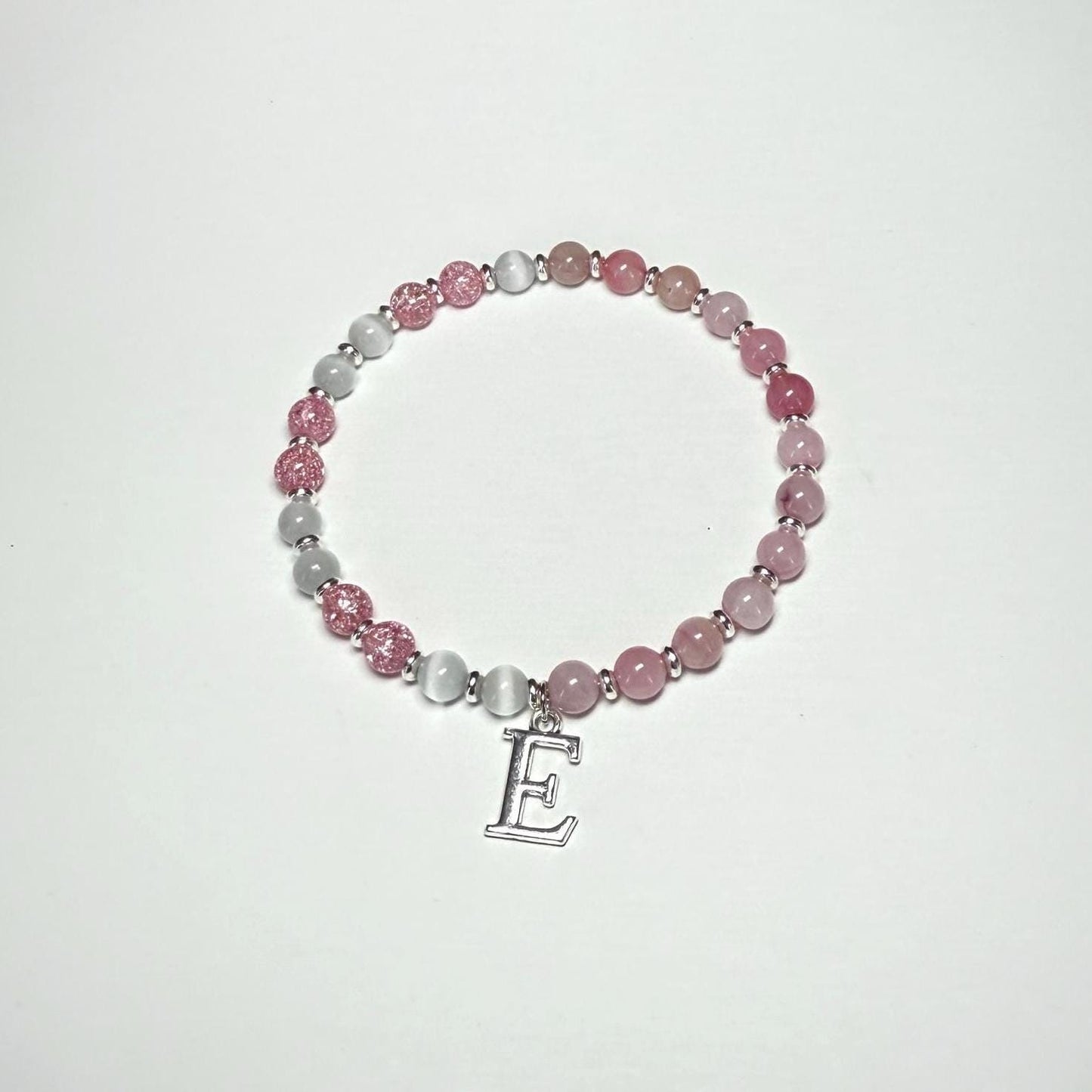 Rose Quartz Bracelet with Letter Charm – Personalized Pink Beaded Bracelet, Handmade Minimalist Jewelry Gift for Her