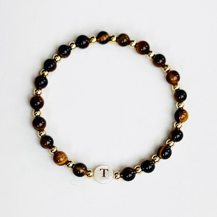 Tiger’s Eye Protection Bracelet – Natural Gemstone Beaded Bracelet with Shell Initial & Gold Accents, Handmade Energy Gift