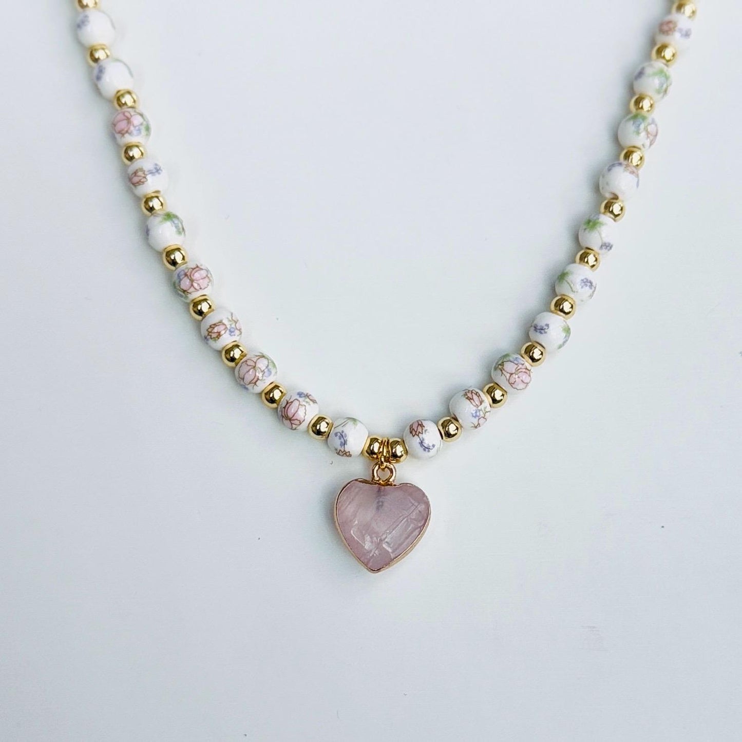 Rose Quartz Pendant Necklace – Pastel Floral Porcelain Beads, Handmade Romantic Gift, Heart Chakra Crystal Jewelry