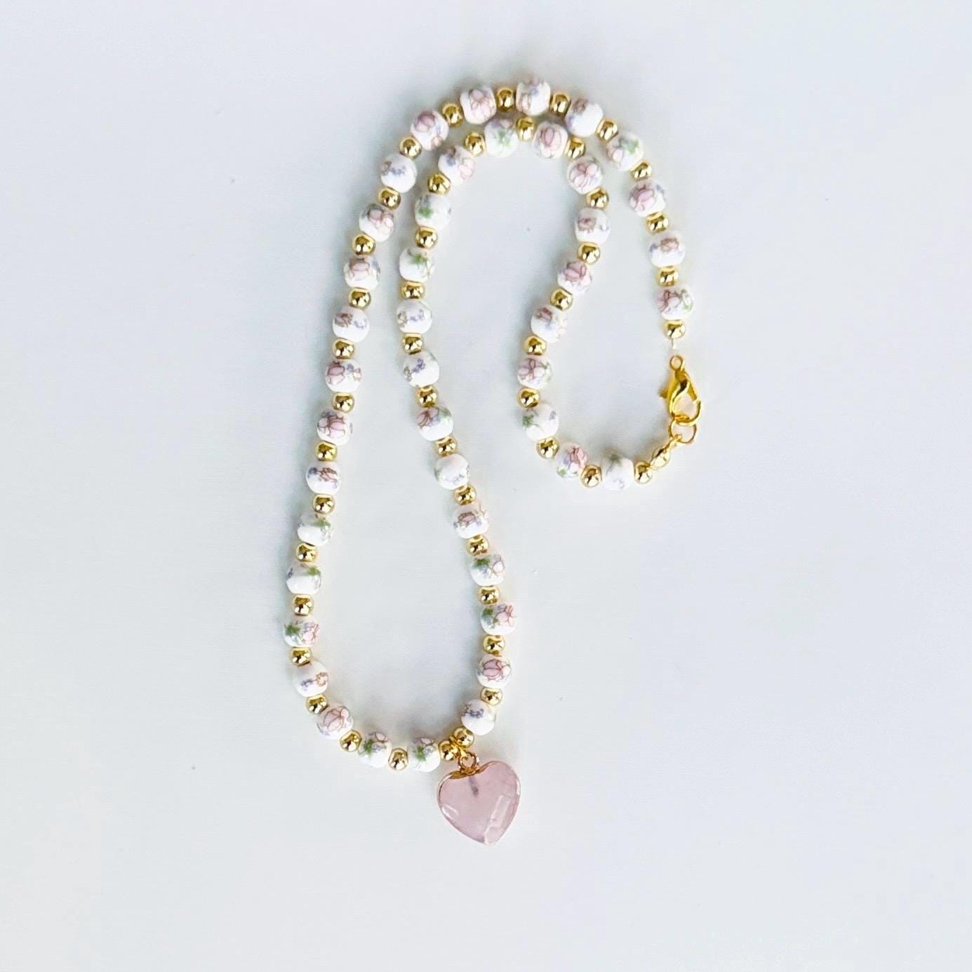 Rose Quartz Pendant Necklace – Pastel Floral Porcelain Beads, Handmade Romantic Gift, Heart Chakra Crystal Jewelry