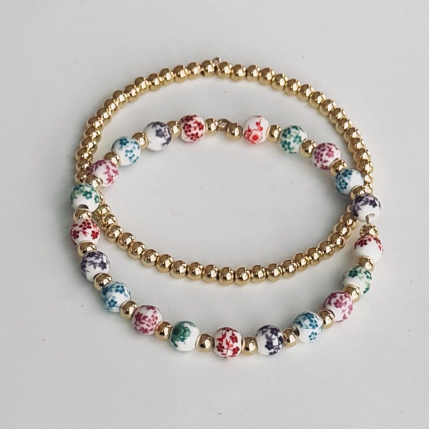 Floral Beaded Bracelet Stack – Pastel Beads with 14k Gold-Plated Accents and Personalized Initial Charm, Handmade Gift