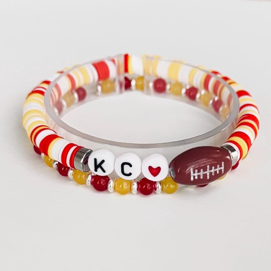 Chiefs Football Bracelet Stack – Red, Yellow, and Silver Beaded 3-Piece Set, Game Day Jewelry, Handmade Fan Gift