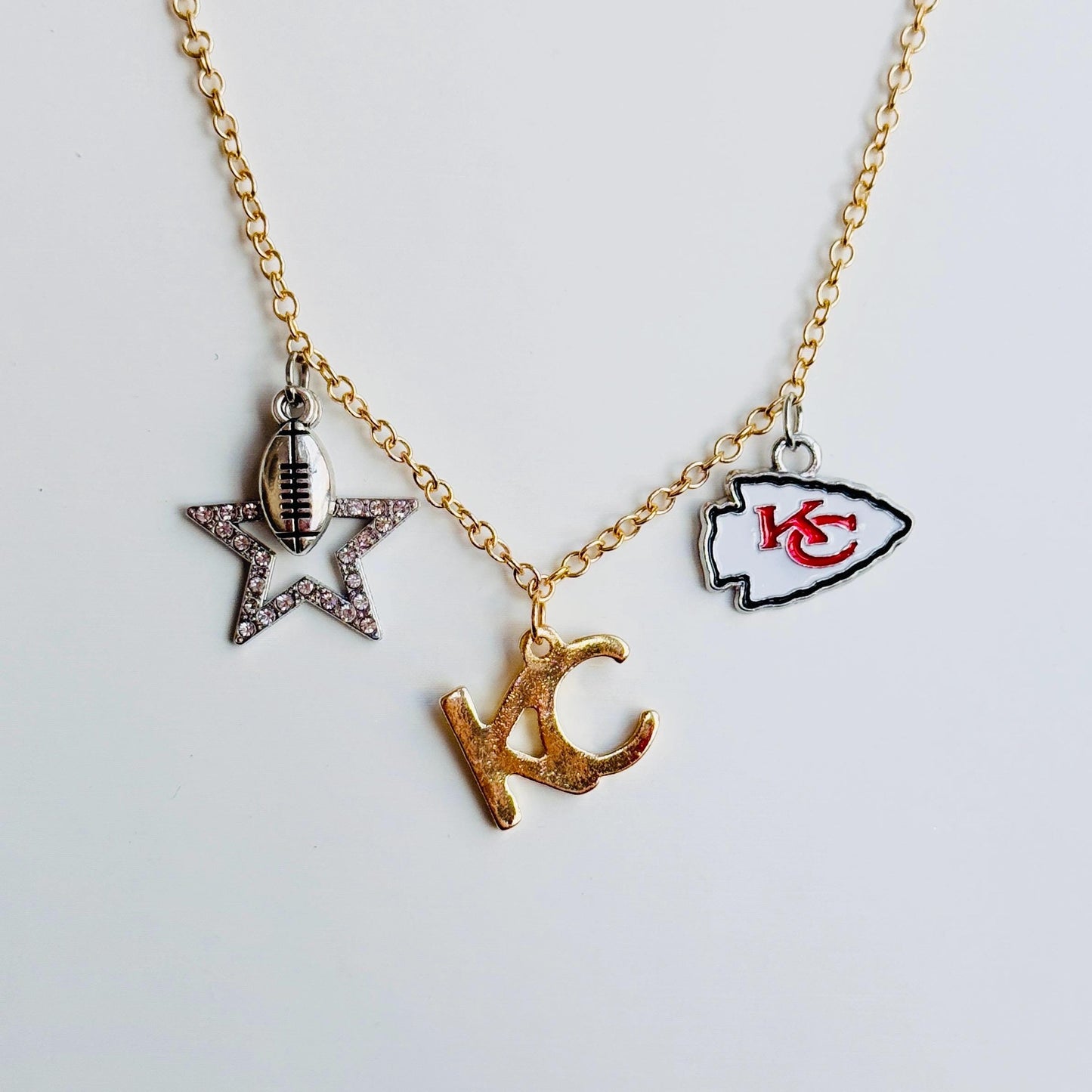 Chiefs Mixed Metal Football Charm Necklace with Multiple Charms