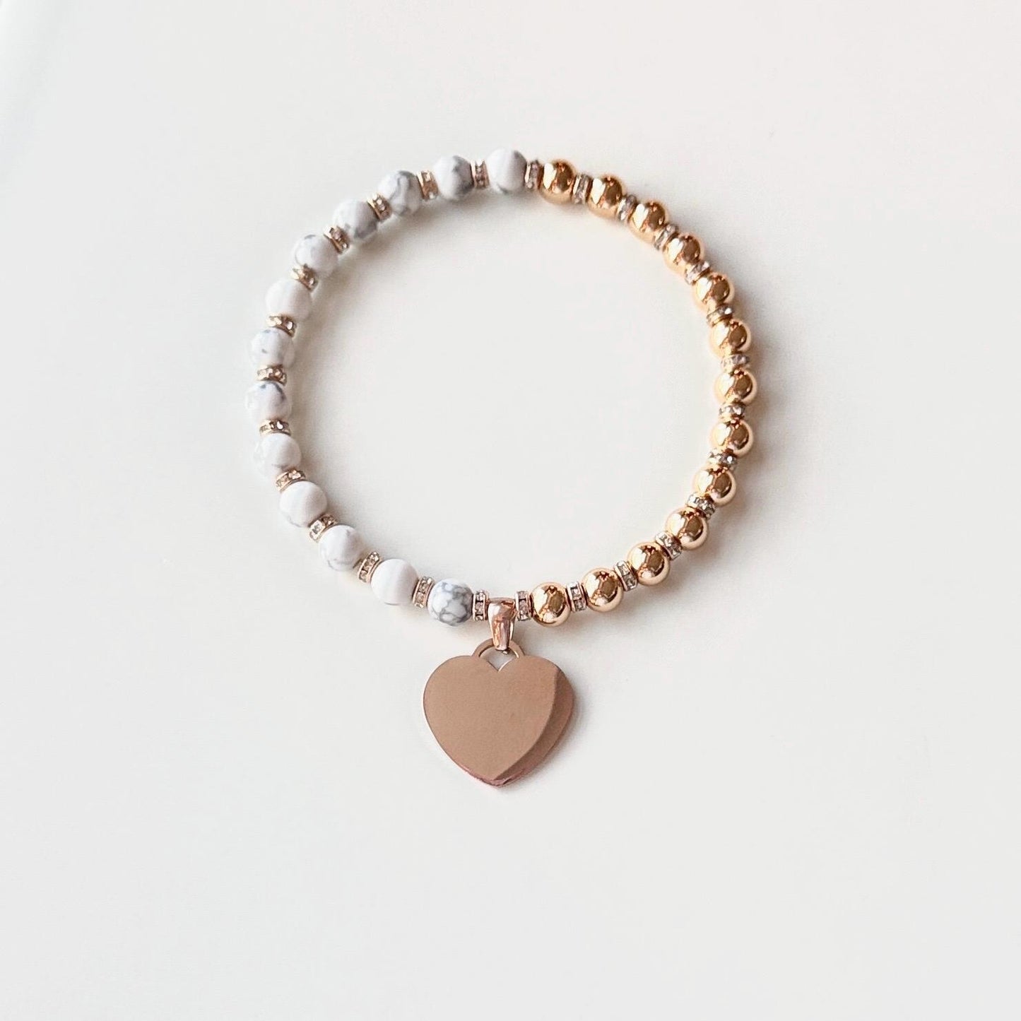 White Howlite Charm Bracelet – Rose Gold Heart Charm, Handmade Inspirational Bracelet, Calming Natural Gemstone Jewelry