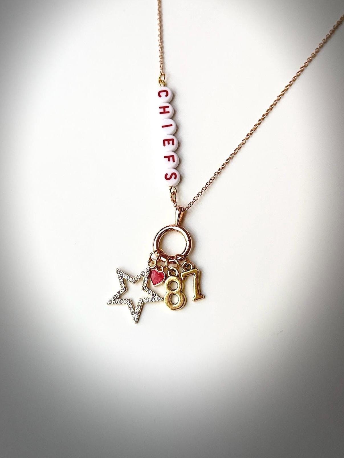 Kansas City Football Charm Necklace – Red and Gold Beaded Necklace, Super Bowl Champs Jewelry, Game Day Gift for Chiefs Fans