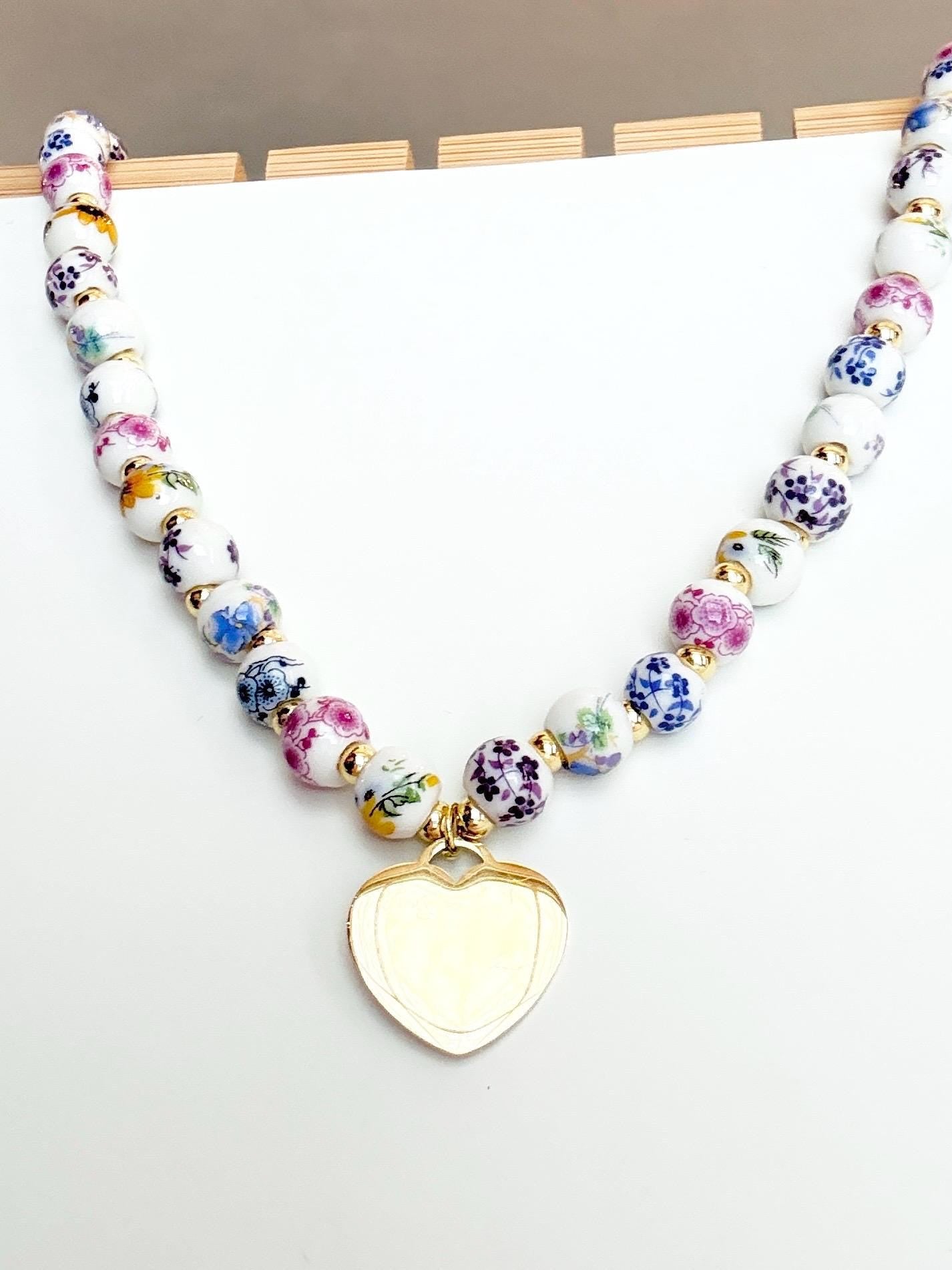 Porcelain Floral Bead Choker with Gold-Plated Heart Charm