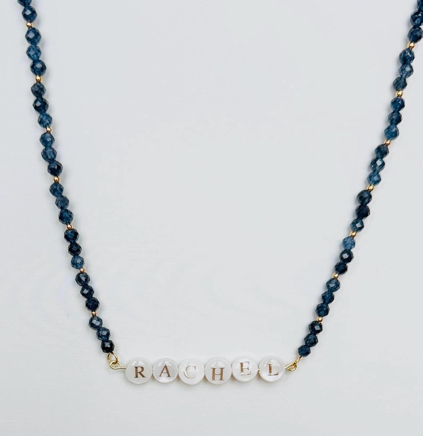 Personalized Sapphire Name Necklace – 14K Gold Necklace with Faceted Blue Beads, Gold Inlay Shell Letter Beads, Custom Gift