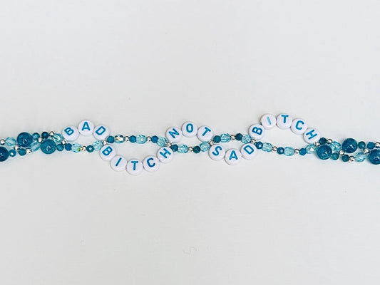Bad Bitch, Aquamarine Beaded Bracelet: Silver Accents, Acrylic Letter Beads