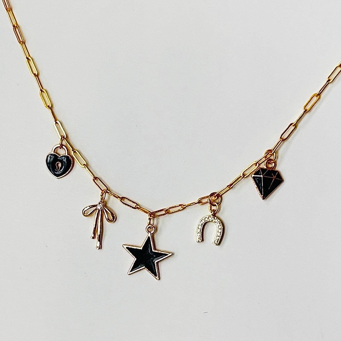 Black and Gold Charm Necklace – Layered Statement Choker with Beaded Chain, Bold Boho Jewelry Gift for Her