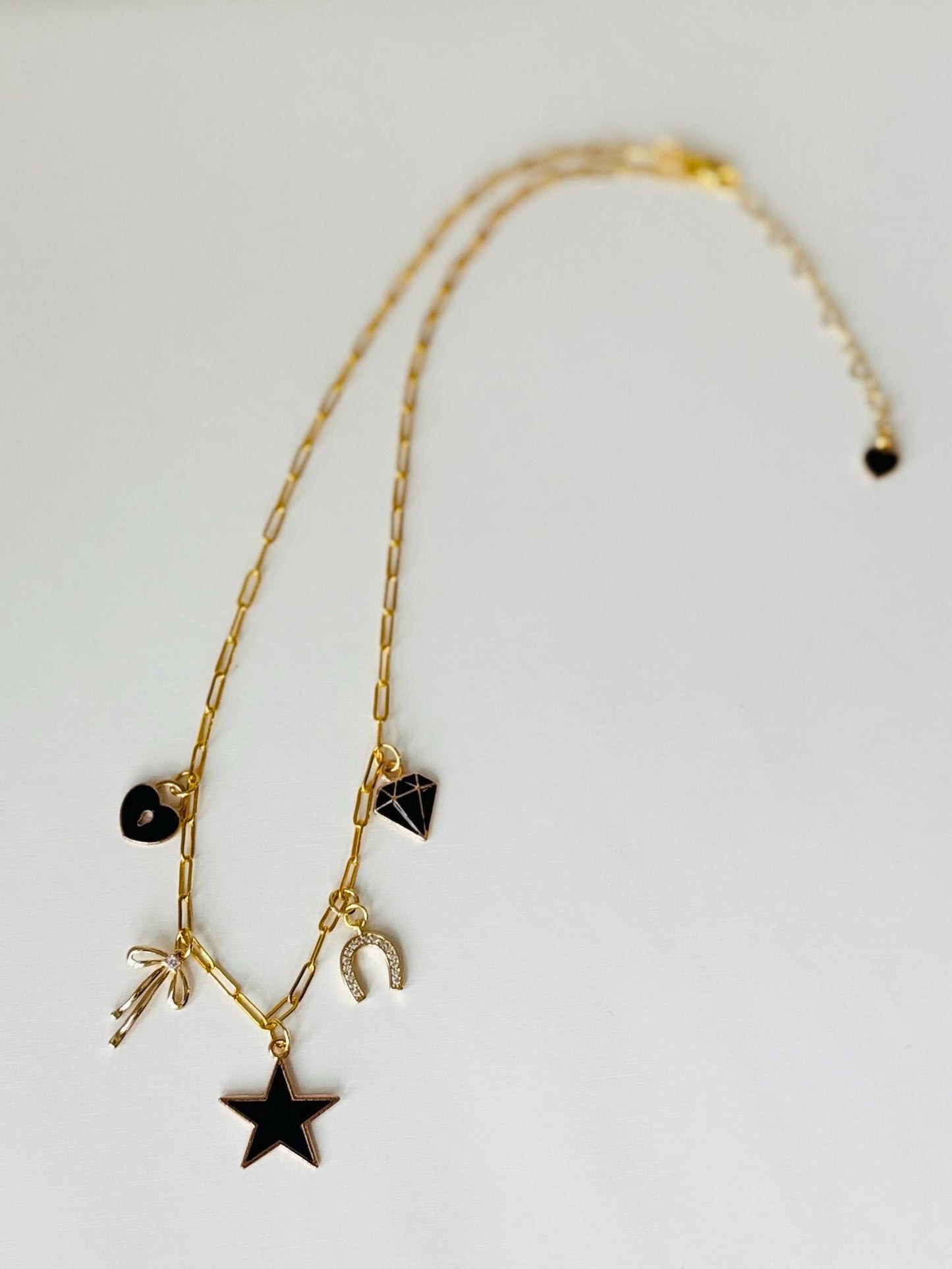 Black and Gold Charm Necklace – Layered Statement Choker with Beaded Chain, Bold Boho Jewelry Gift for Her