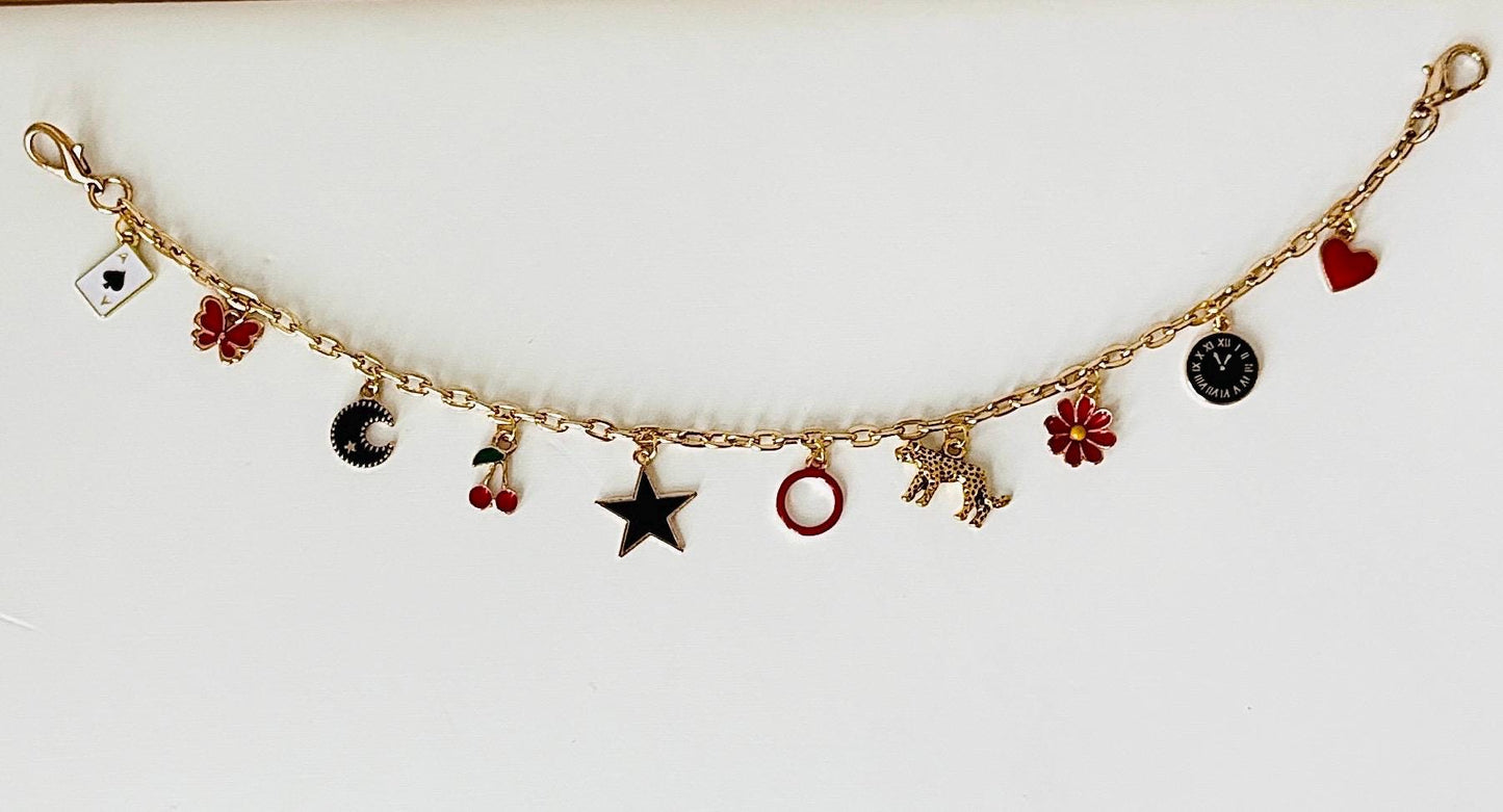 Slay Vibes Bag Charm – Gold Plated Chain with 10 Charms, Black and Red Beaded Keychain, Customizable Gift for Her