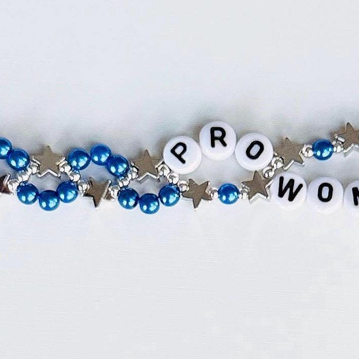 Pro Women Bracelet – Double Layer Blue and Silver Beaded Bracelet, Feminist Jewelry, Handmade Statement Gift