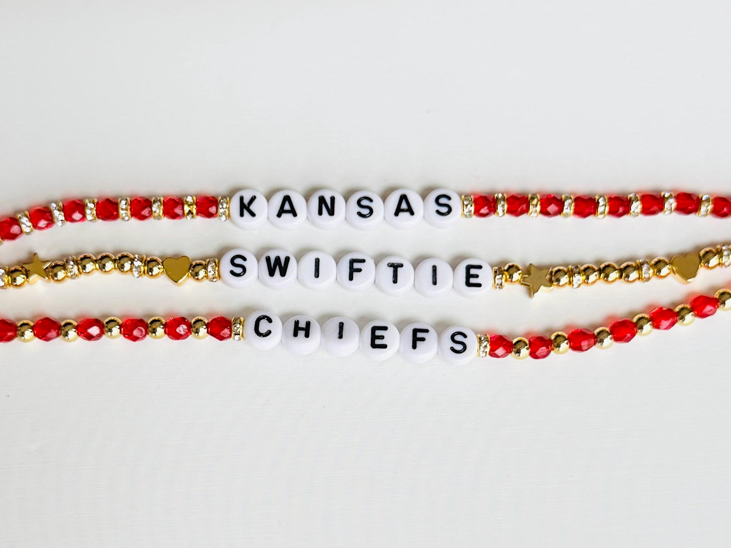 Kansas Swiftie Football Bracelet Stack – Red and Gold Beaded Game Day Jewelry, Handmade Fan Gift Inspired by Pop Culture and Football