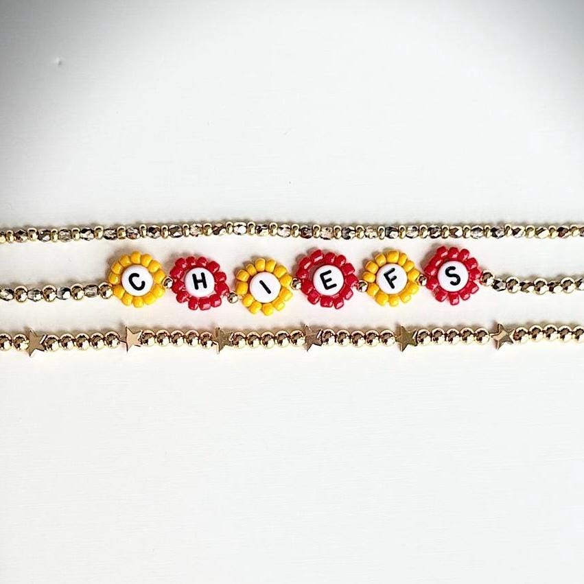 Kansas City Football Poms Bracelet Stack – Red and Gold Beaded Stretch Bracelets, Handmade Game Day Jewelry and Fan Gift