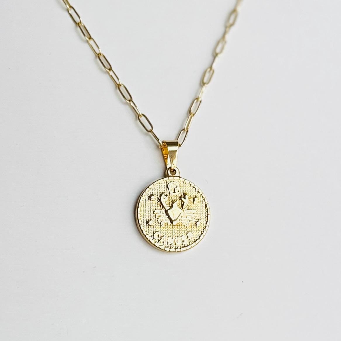 Zodiac Coin Pendant Necklace – Personalized Astrology Jewelry, Custom Star Sign Charm, Gift for Her