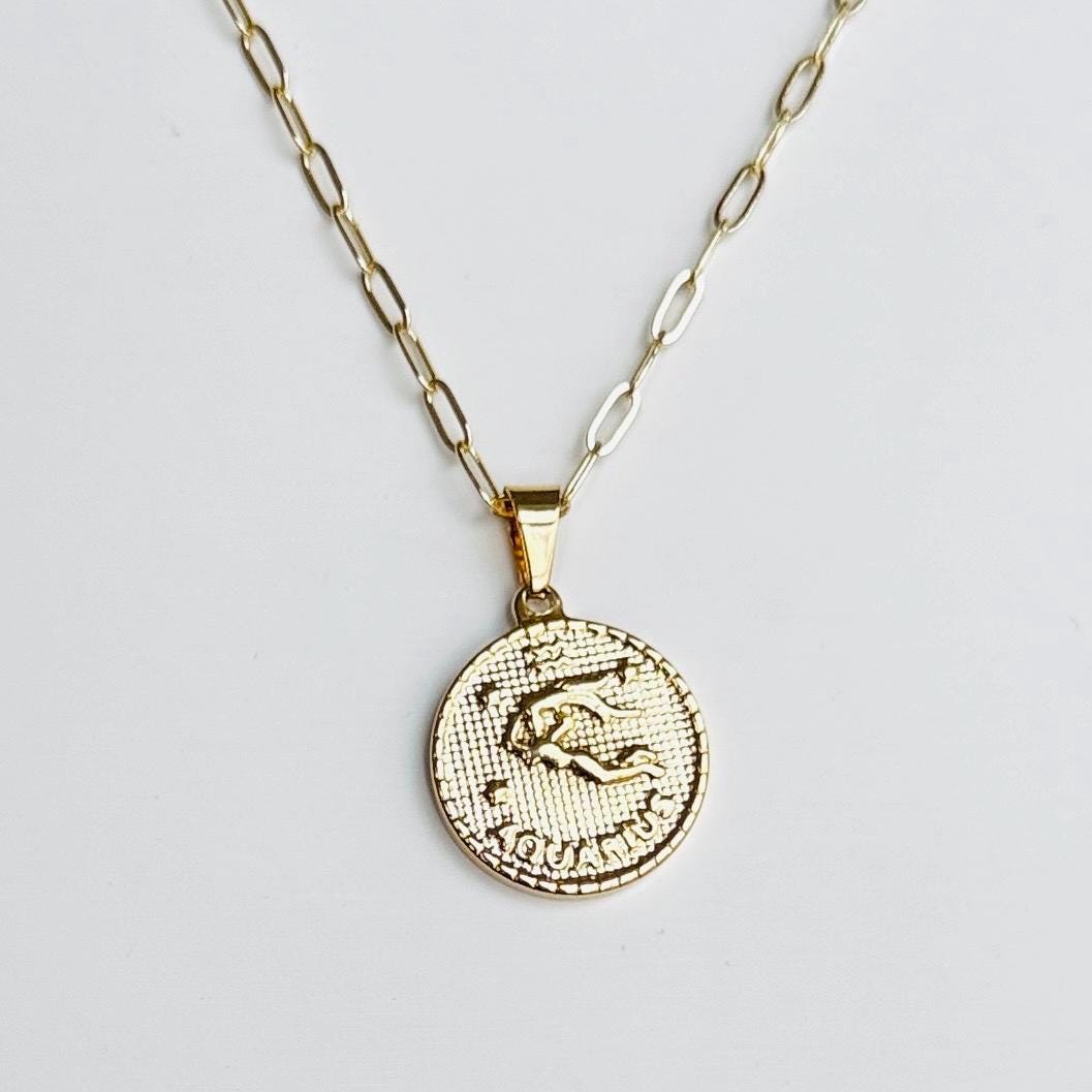 Zodiac Coin Pendant Necklace – Personalized Astrology Jewelry, Custom Star Sign Charm, Gift for Her