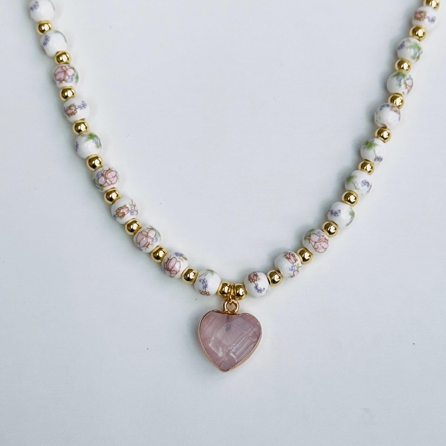 Rose Quartz Pendant Necklace – Pastel Floral Porcelain Beads, Handmade Romantic Gift, Heart Chakra Crystal Jewelry