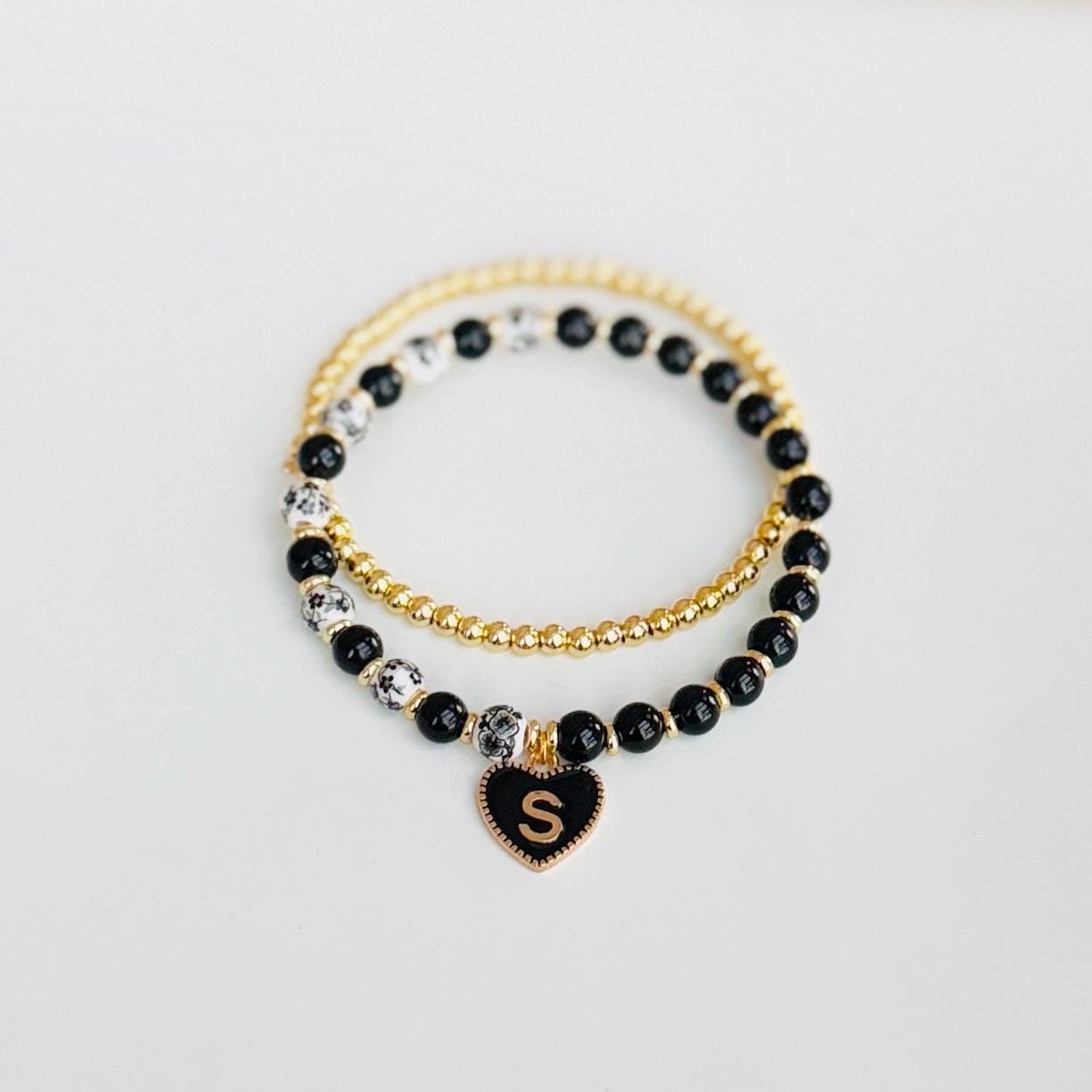 Black Onyx & Floral Bracelet Stack – Natural Gemstone Beaded Set with Gold-Plated Beads & Custom Initial Charm