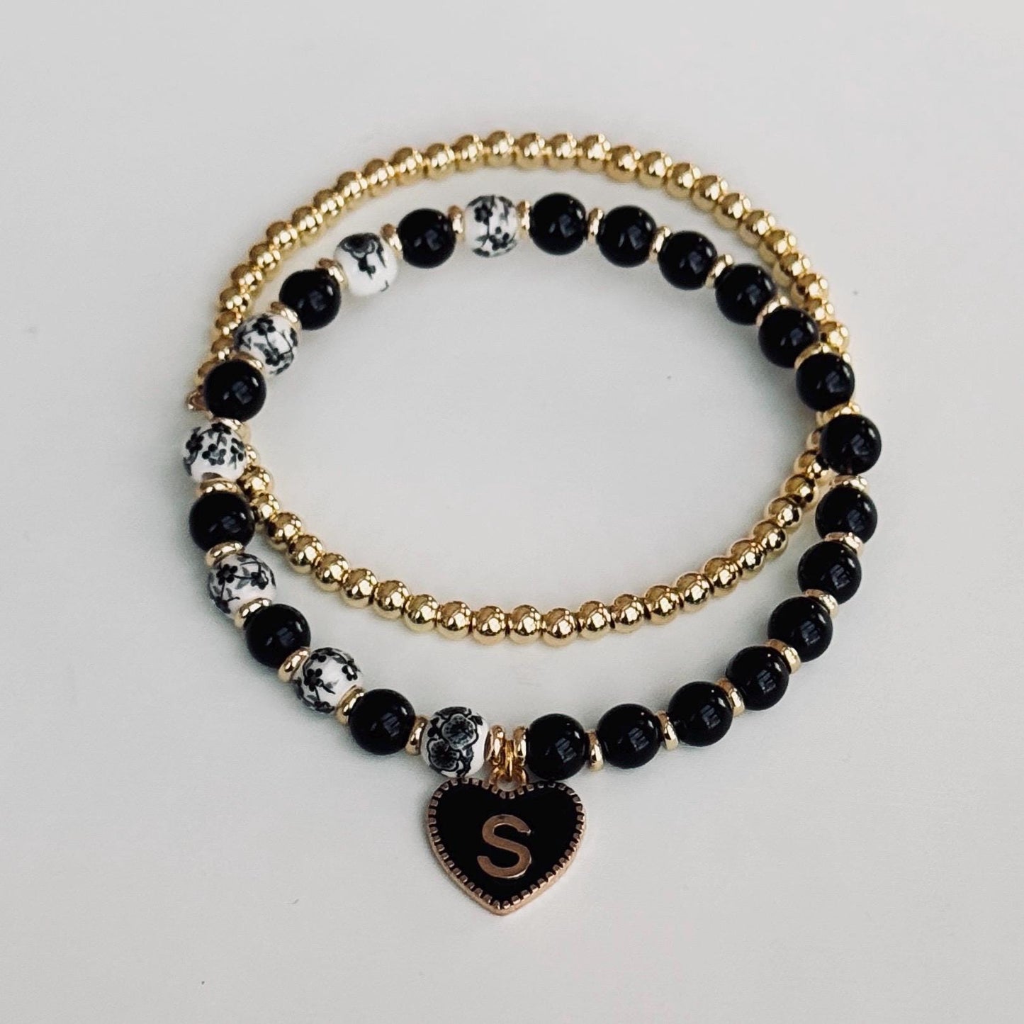 Black Onyx & Floral Bracelet Stack – Natural Gemstone Beaded Set with Gold-Plated Beads & Custom Initial Charm
