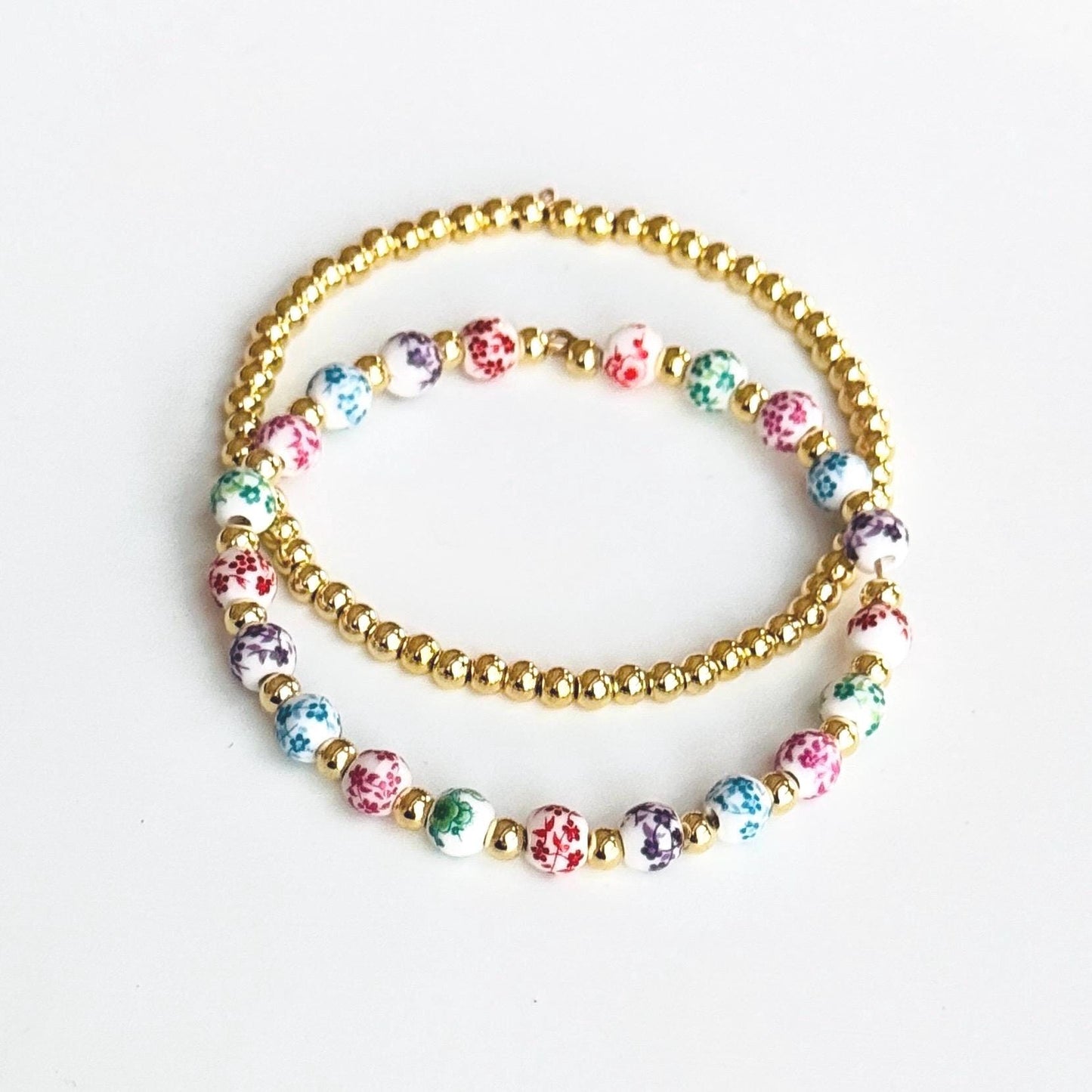 Floral Beaded Bracelet Stack – Pastel Beads with 14k Gold-Plated Accents and Personalized Initial Charm, Handmade Gift