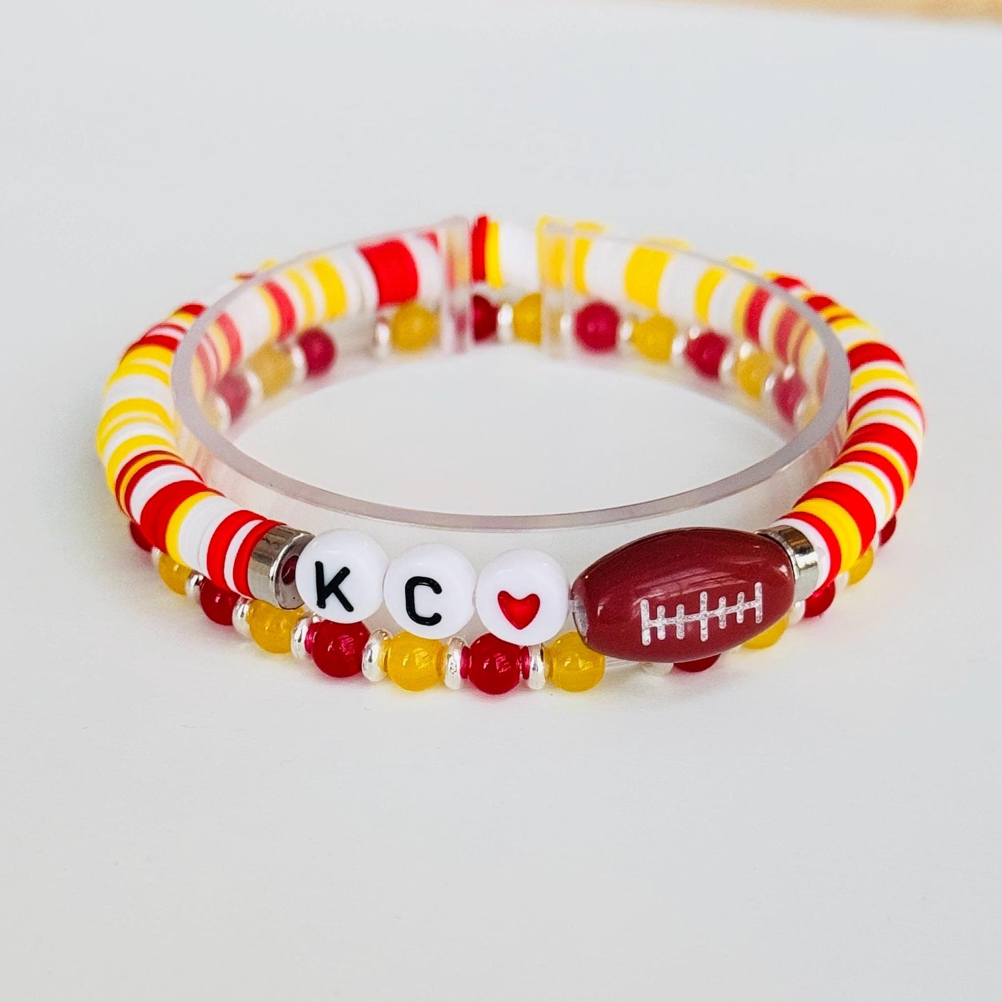 Chiefs Football Bracelet Stack – Red, Yellow, and Silver Beaded 3-Piece Set, Game Day Jewelry, Handmade Fan Gift