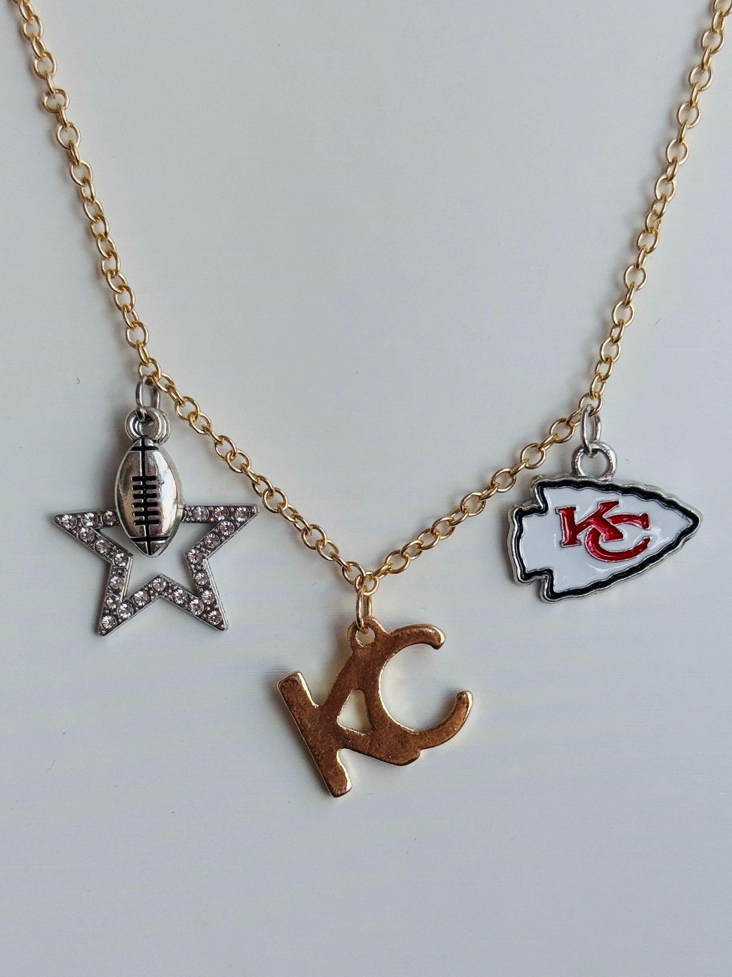 Chiefs Mixed Metal Football Charm Necklace with Multiple Charms