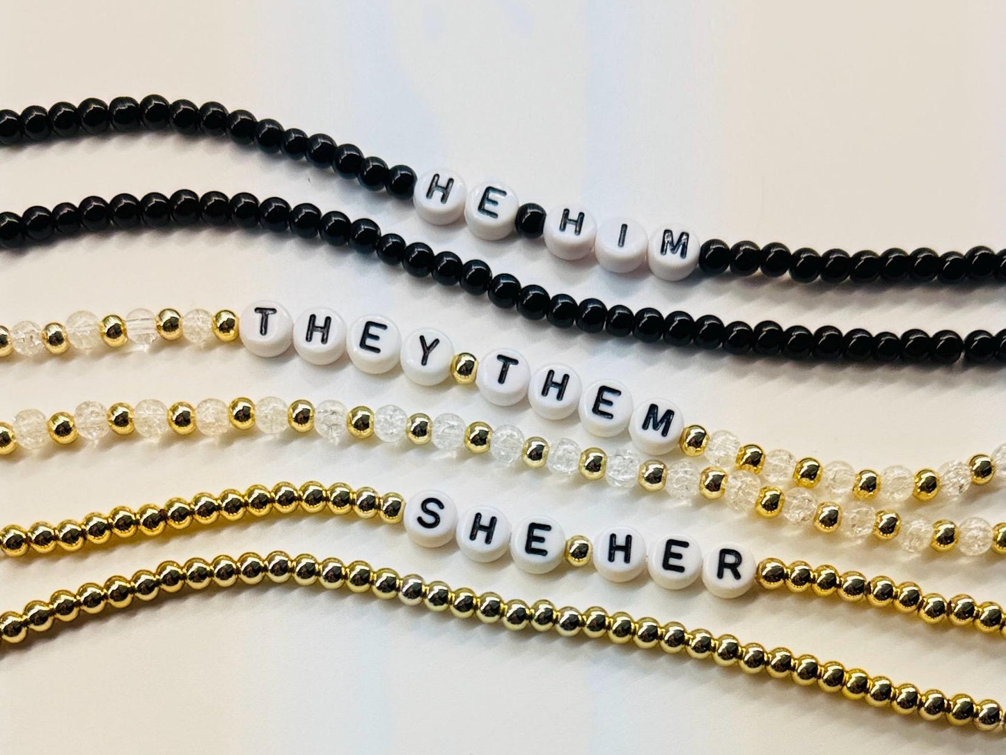 Pronoun Bracelet Stack – Customizable LGBTQ+ Ally Jewelry in Silver, Gold or Rose Gold with Optional Healing Stones