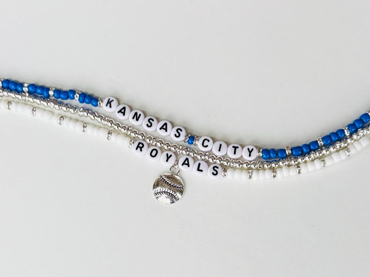 Kansas City Baseball Bracelet Stack – 3-Piece Blue, White & Silver Stretch Bracelet Set, Game Day Jewelry Gift