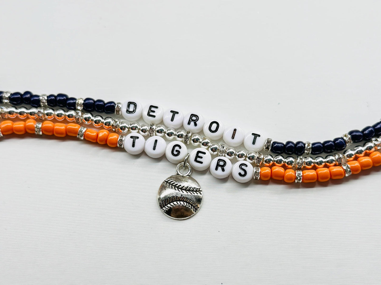 Detroit Baseball Bracelet Stack – 3-Piece Navy, Orange & Silver Beaded Stretch Bracelet Set, Handmade Game Day Gift