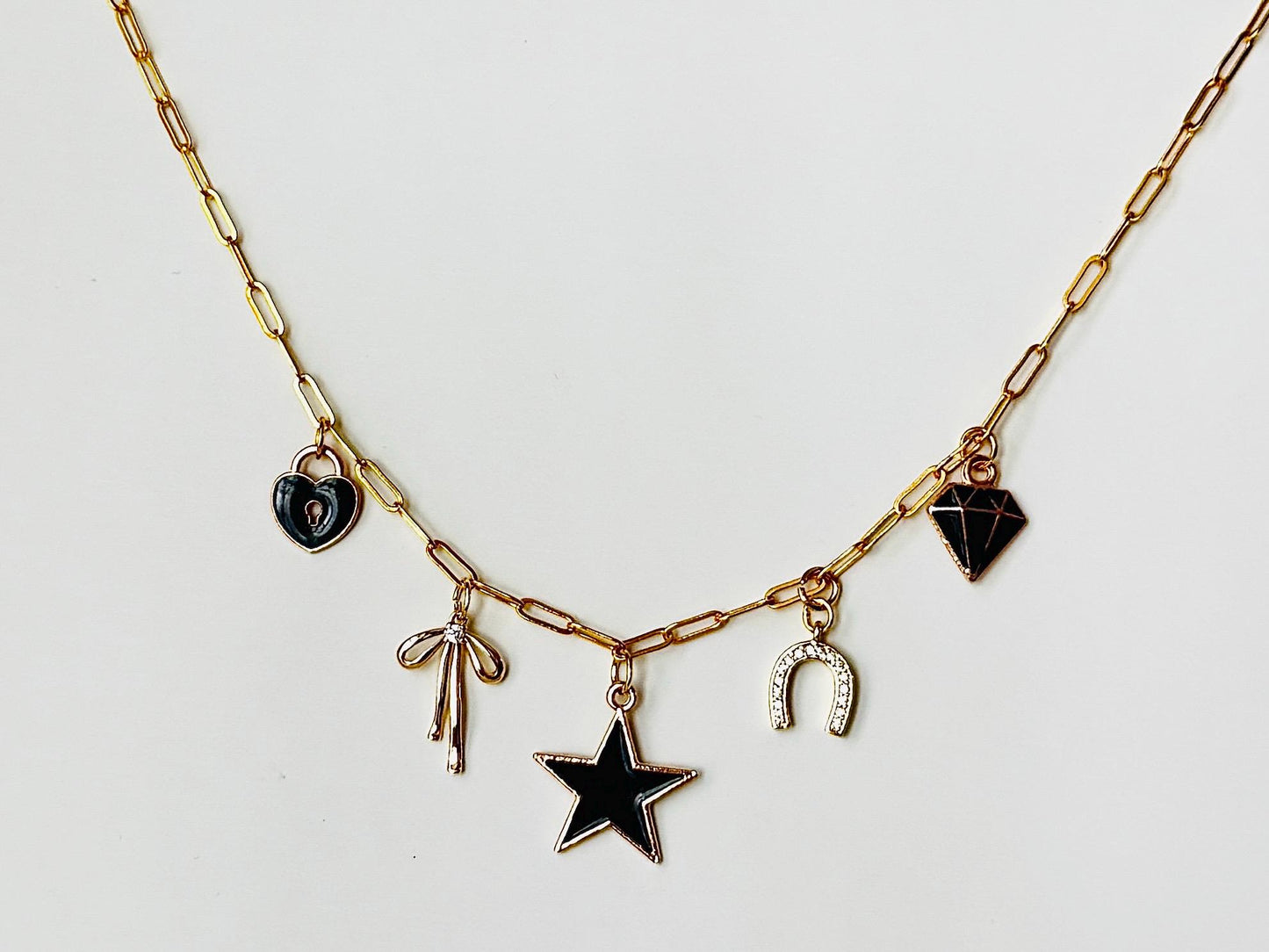Black and Gold Charm Necklace – Layered Statement Choker with Beaded Chain, Bold Boho Jewelry Gift for Her