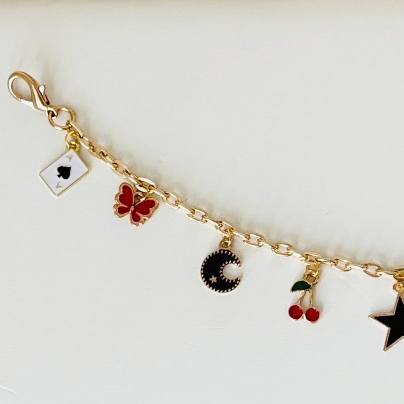 Slay Vibes Bag Charm – Gold Plated Chain with 10 Charms, Black and Red Beaded Keychain, Customizable Gift for Her