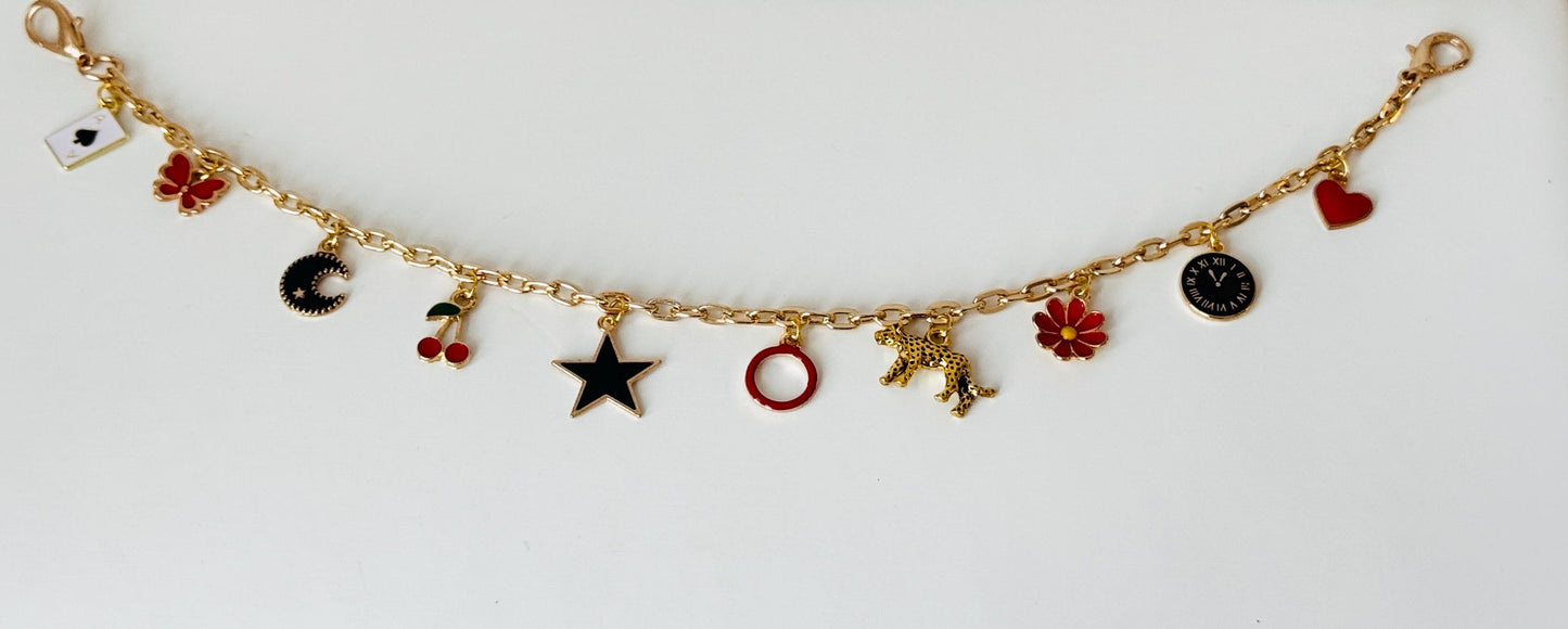 Slay Vibes Bag Charm – Gold Plated Chain with 10 Charms, Black and Red Beaded Keychain, Customizable Gift for Her