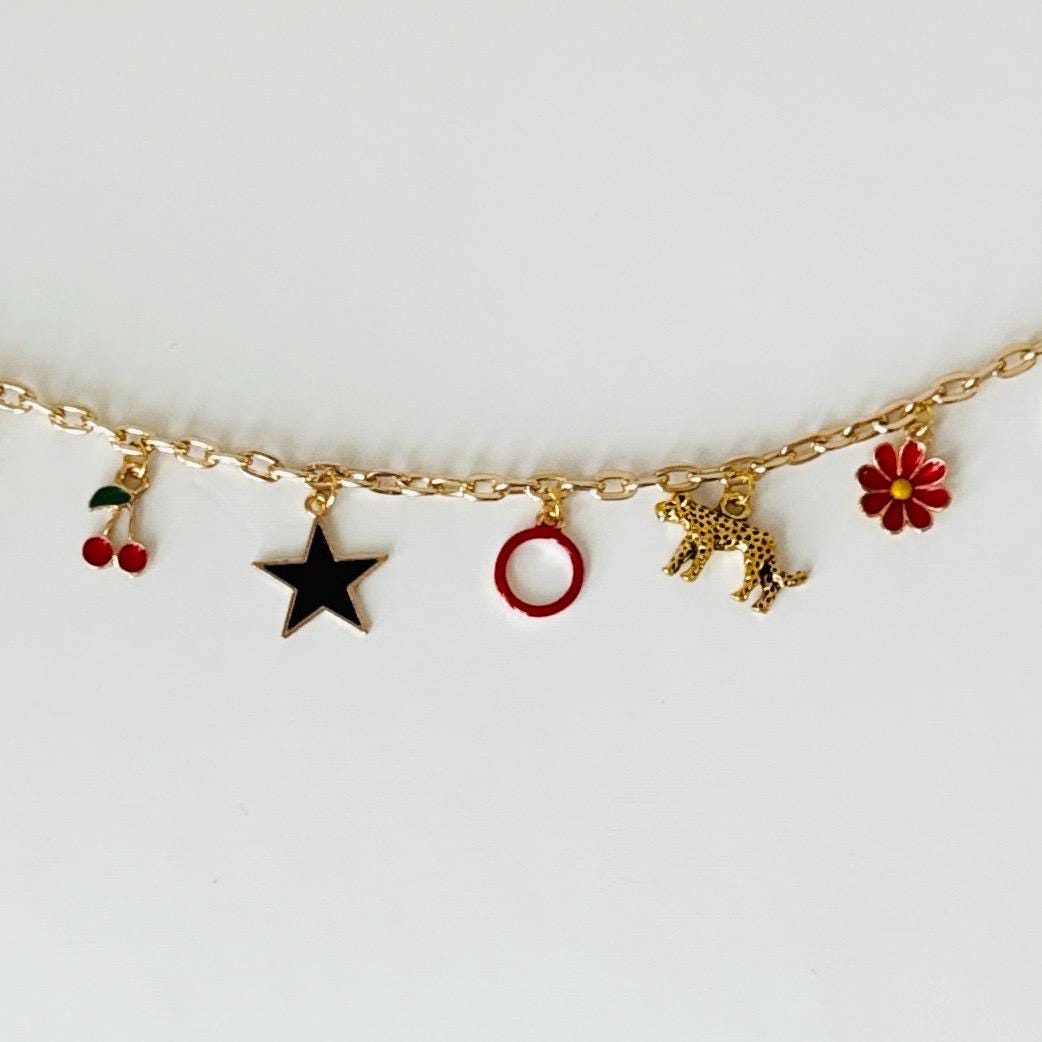 Slay Vibes Bag Charm – Gold Plated Chain with 10 Charms, Black and Red Beaded Keychain, Customizable Gift for Her