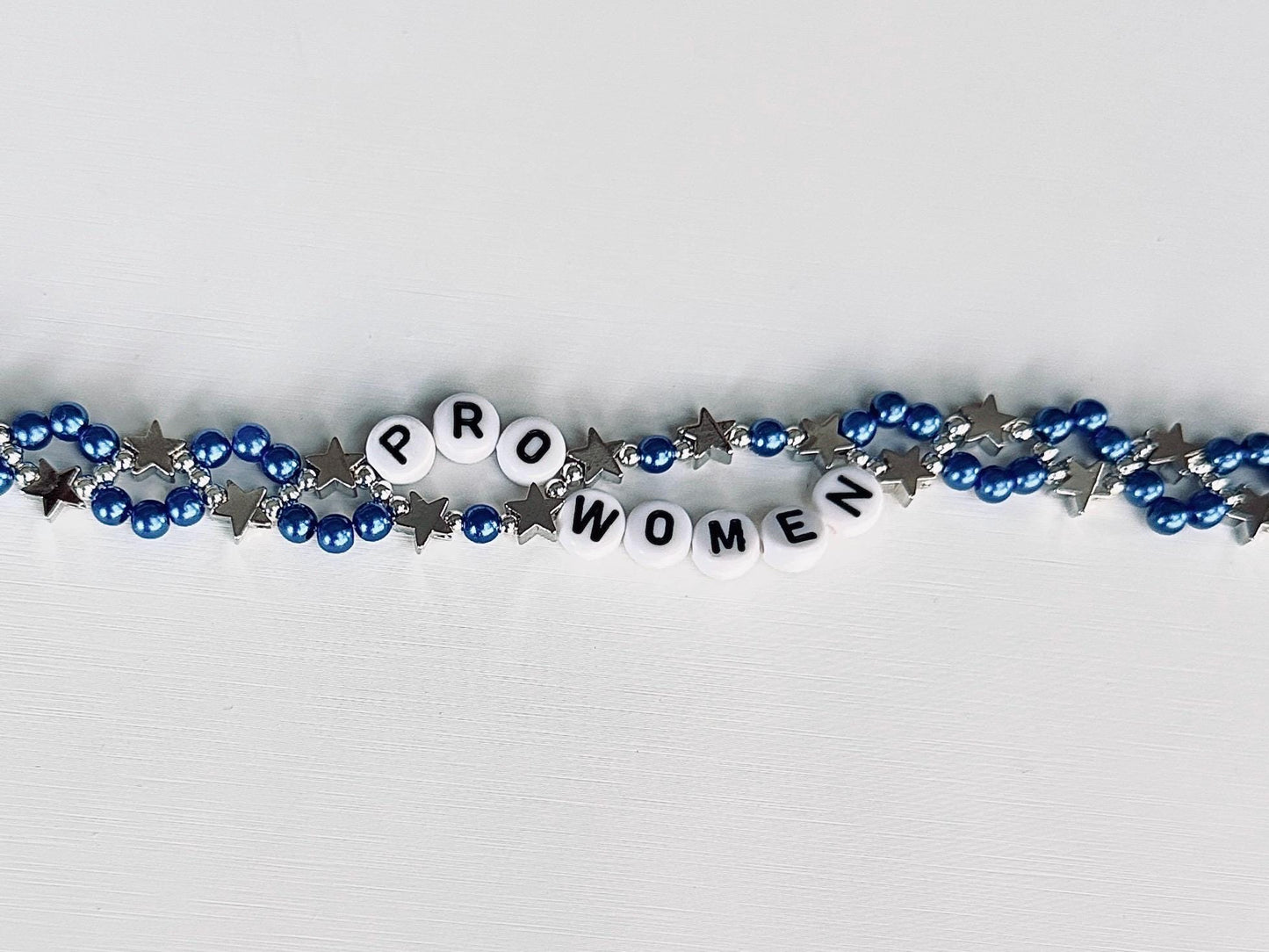 Pro Women Bracelet – Double Layer Blue and Silver Beaded Bracelet, Feminist Jewelry, Handmade Statement Gift