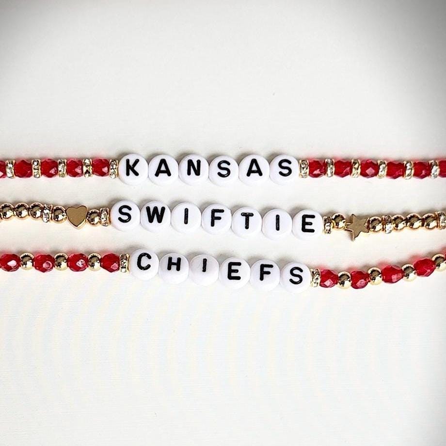 Kansas Swiftie Football Bracelet Stack – Red and Gold Beaded Game Day Jewelry, Handmade Fan Gift Inspired by Pop Culture and Football