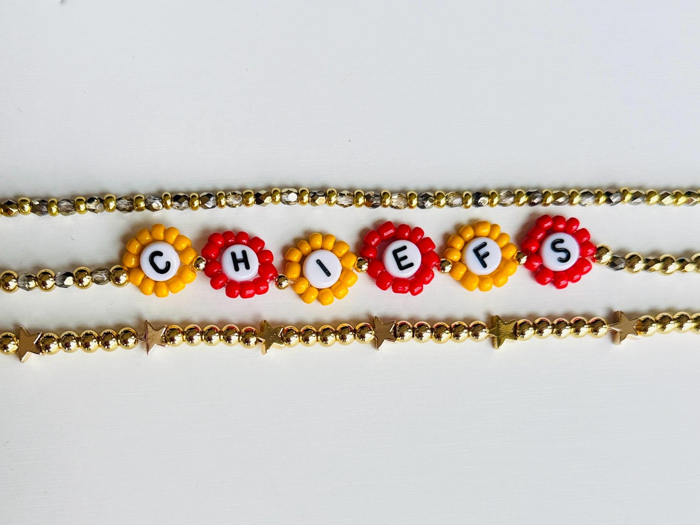 Kansas City Football Poms Bracelet Stack – Red and Gold Beaded Stretch Bracelets, Handmade Game Day Jewelry and Fan Gift