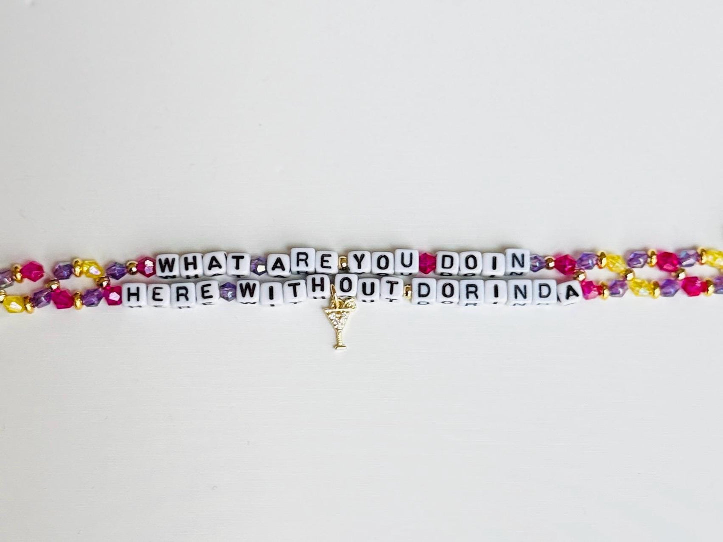 What Are You Doin’ Here Without Dorinda? – Double Layer Beaded Bracelet, Bravo TV Inspired Quote Jewelry, Handmade Fan Gift