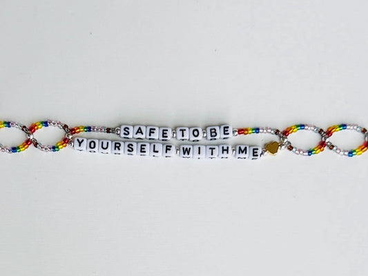 Safe With Me LGBTQIA+ Bracelet – Rainbow Beaded Pride Bracelet, Handmade Ally Jewelry, Inclusive Gift for LGBTQ+ Support