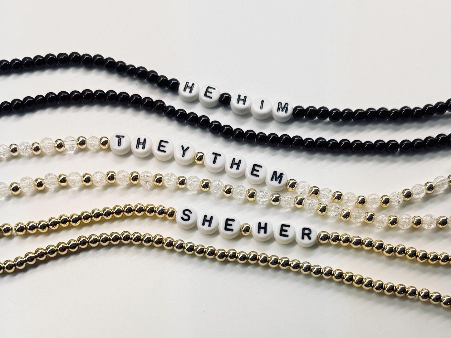 Pronoun Bracelet Stack – Customizable LGBTQ+ Ally Jewelry in Silver, Gold or Rose Gold with Optional Healing Stones
