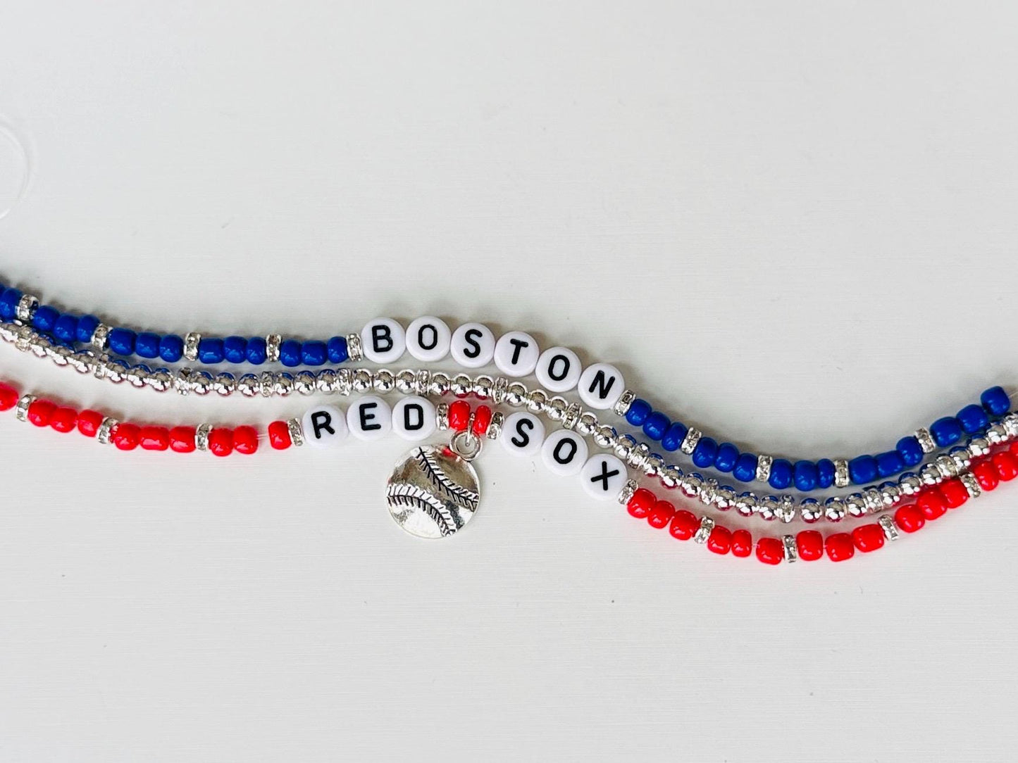 Boston Baseball Bracelet Stack – 3-Piece Navy, Red & Silver Beaded Set, Handmade Game Day Jewelry Gift for Her